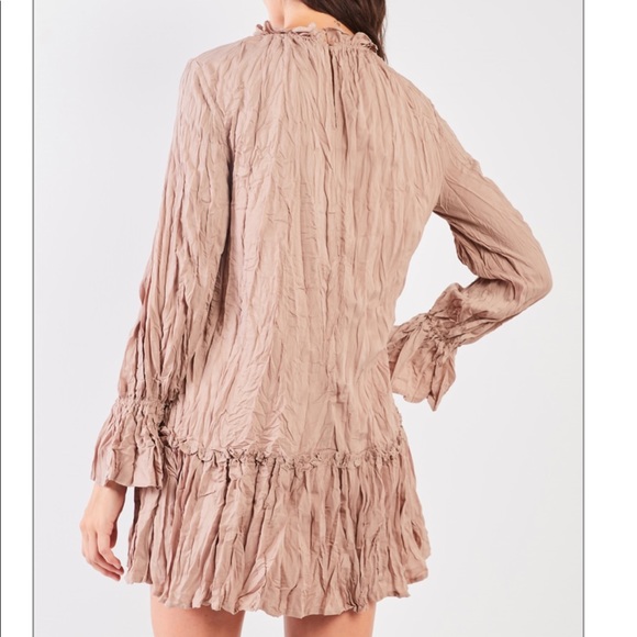 Mocha Wrinkle Pleat Mock Neck Mini Dress - Picture 2 of 5